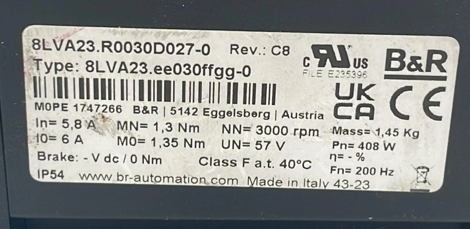 B&R Automation 8LVA23.R0030D027-0 Synchronous Servo Motor