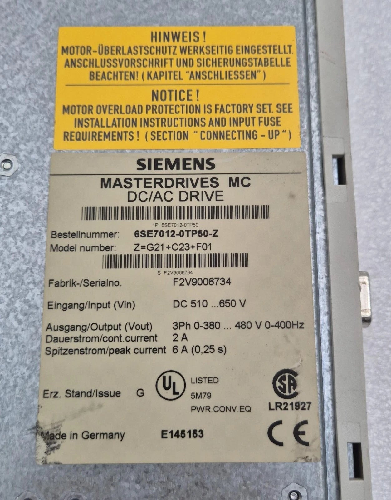 SIEMENS MASTERDRIVES MC DC/AC DRIVE 6SE7012-0TP50-Z Z=G21+C23+F01 Freq. Inverter