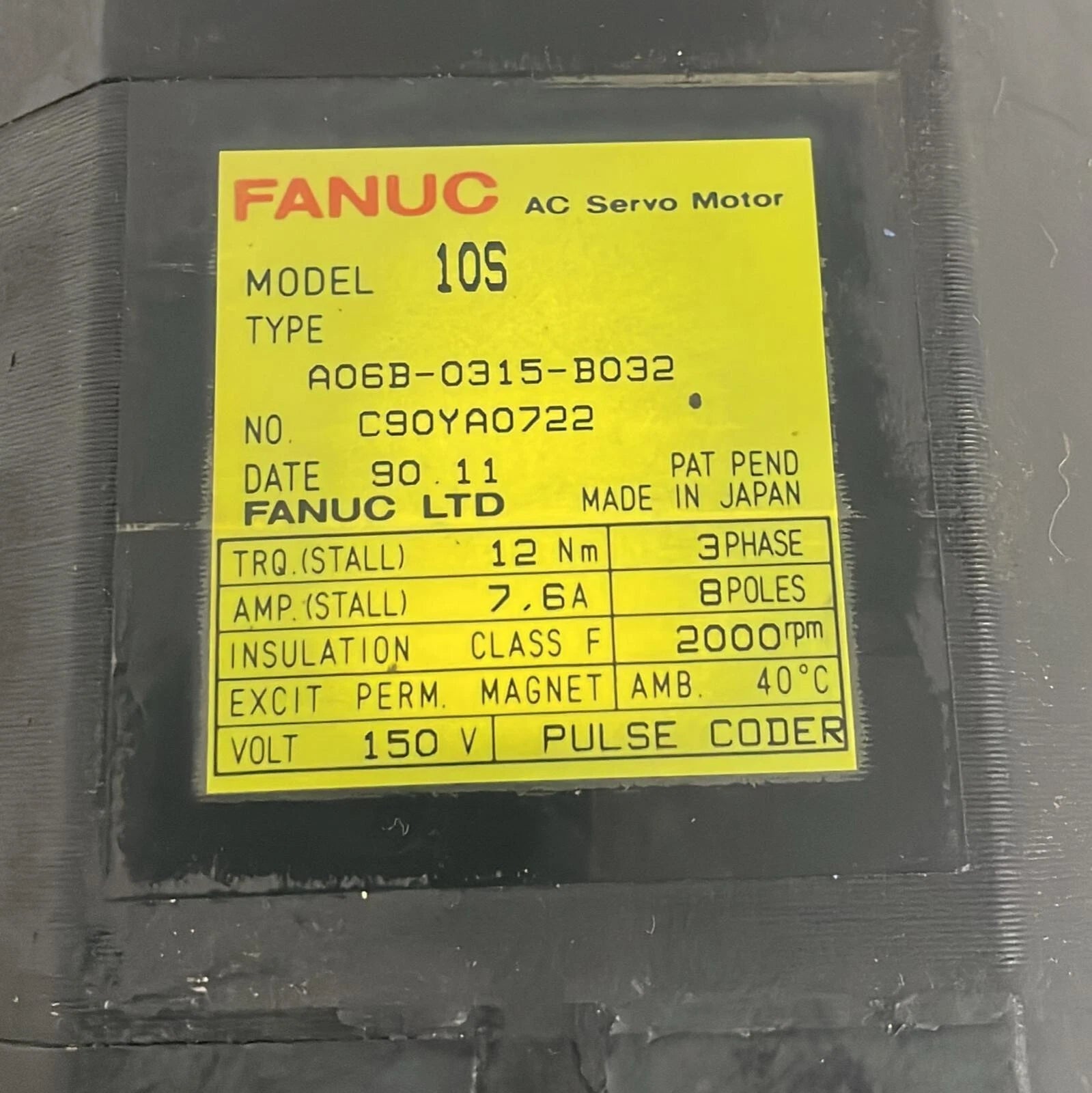 FANUC A06B-0315-B032 AC Servo Motor 10S 2000RPM Taper Shaft