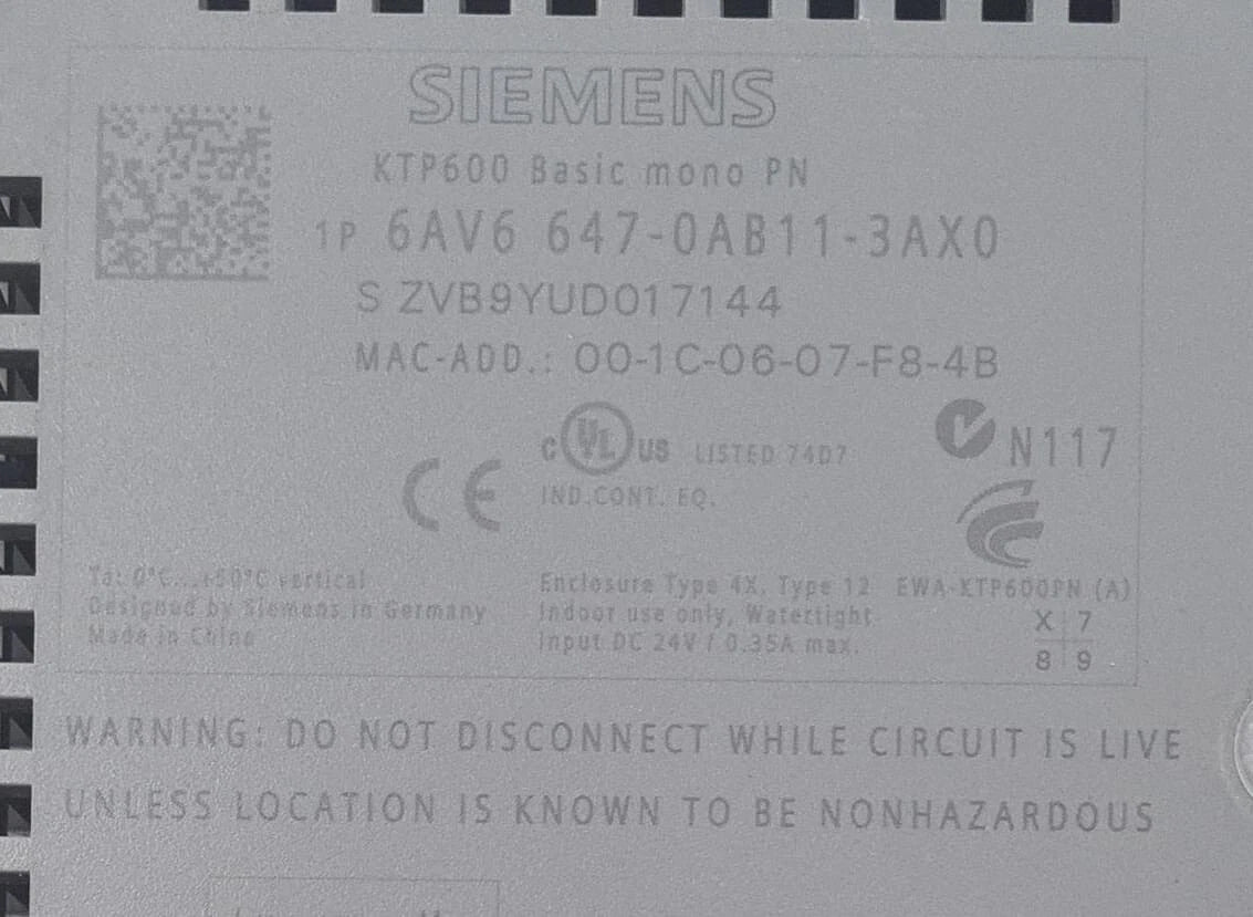 SIEMENS SIMATIC PANEL TOUCH KTP600 Basic mono PN 6AV6 647-0AB11-3AX0 HMI Module