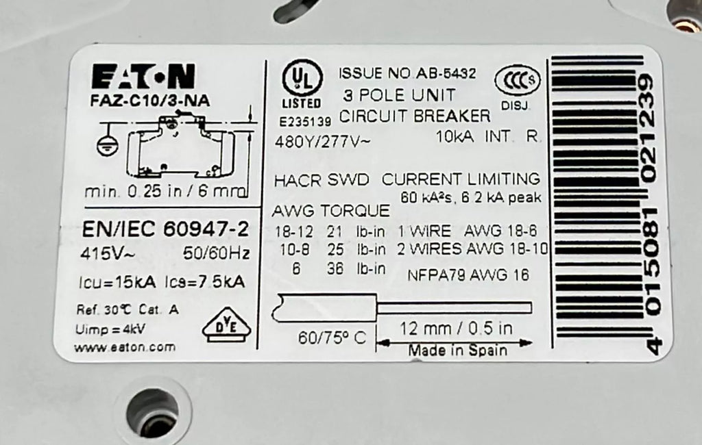 EATON FAZ-C10/3-NA Miniature Circuit Breaker
