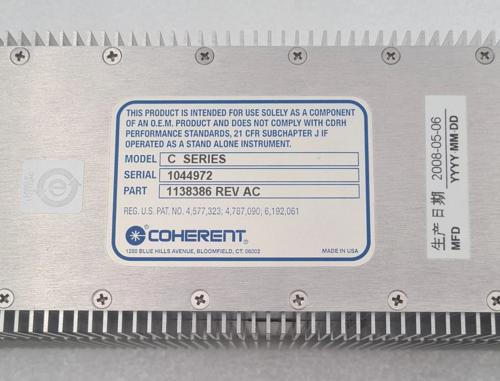 COHERENT C SERIES Laser Head Liquid Cooled 1138386 REV AC YEAR 2008