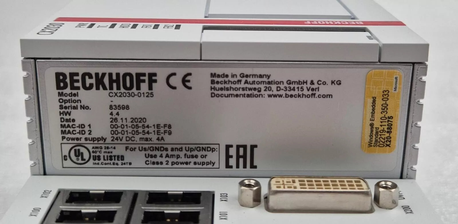 NEW- BECKHOFF CX2030-0125 CPU Module Embedded PC Windows PLC controller