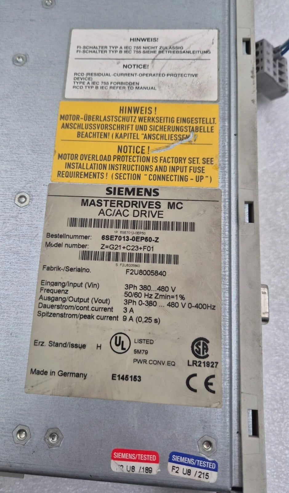 SIEMENS MASTERDRIVES MC AC/AC DRIVE 6SE7013-0EP50-Z Z=G21+C23+F01 Freq. Inverter