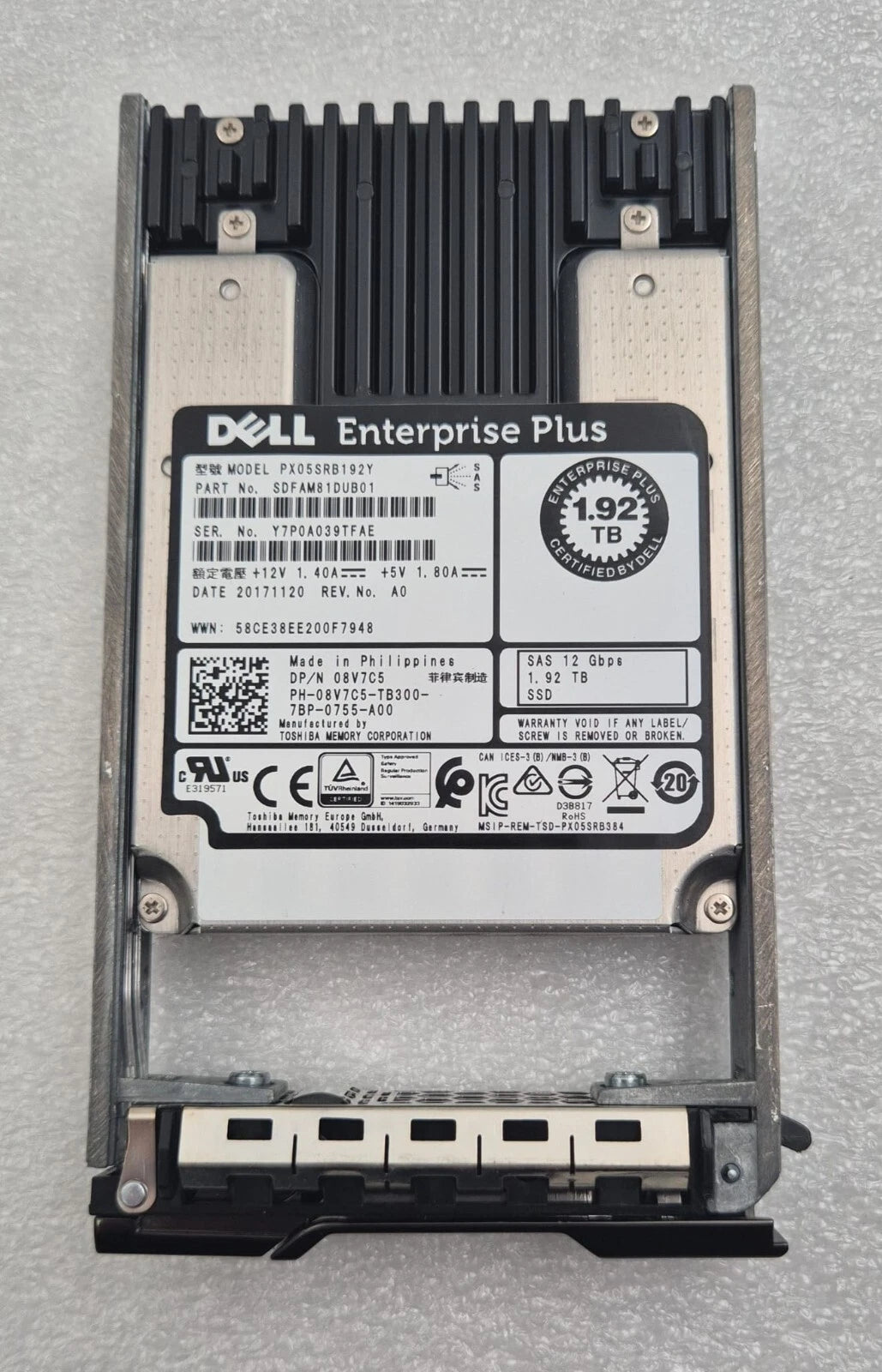 Dell 1.92TB SAS 12Gb/s 2.5-inch SSD PX05SRB192Y 08V7C5 with Compellent tray
