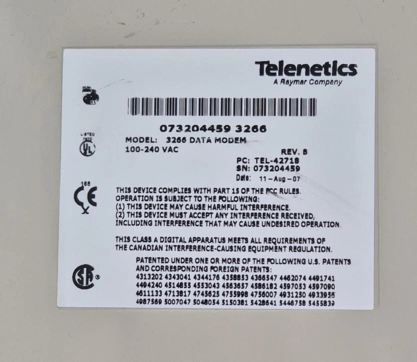 Telenetics Raymar 3266 DATA MODEM 100-240VAC TEL-42718