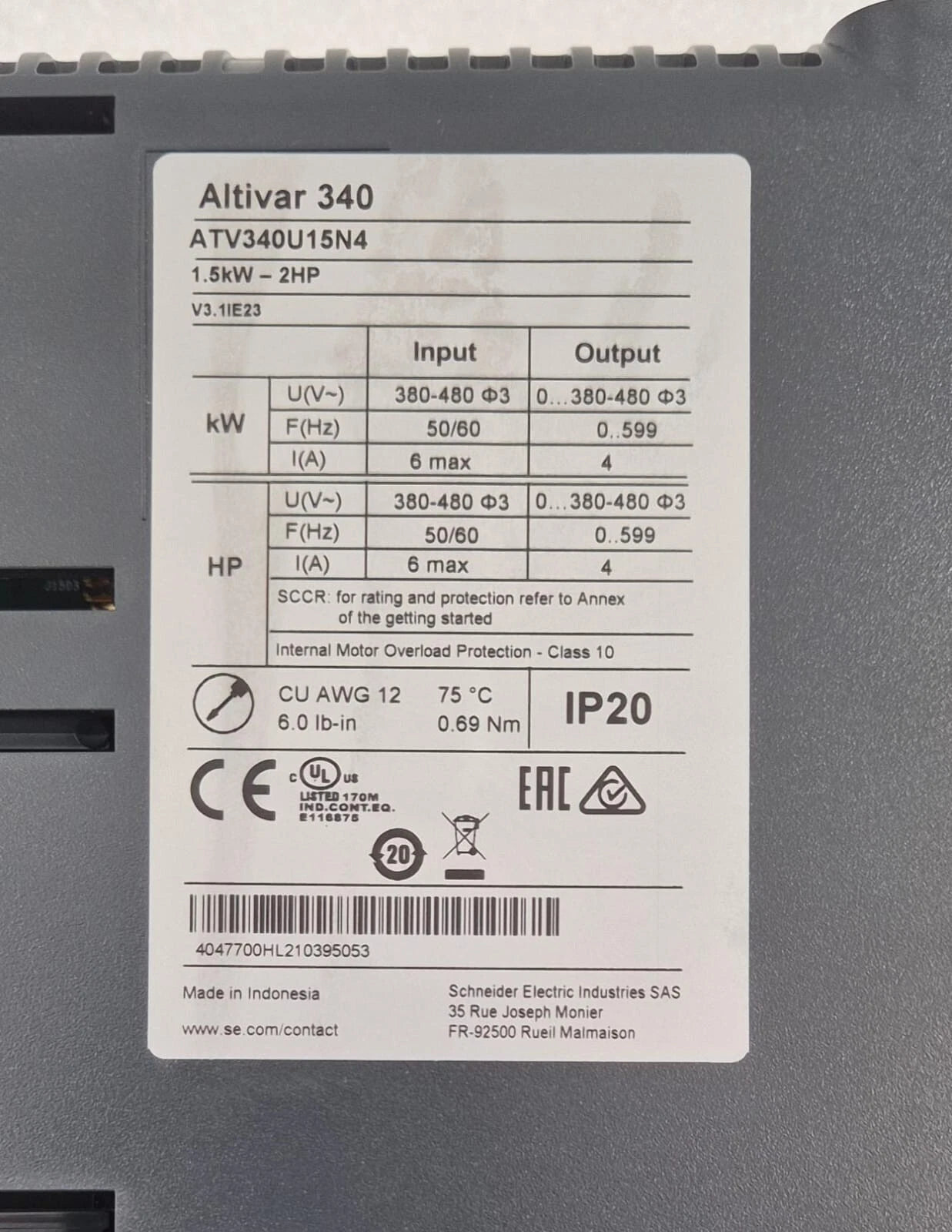 Schneider Altivar 340 ATV340U15N4 1.5kW 2HP 380-480V Variable Frequency Drive