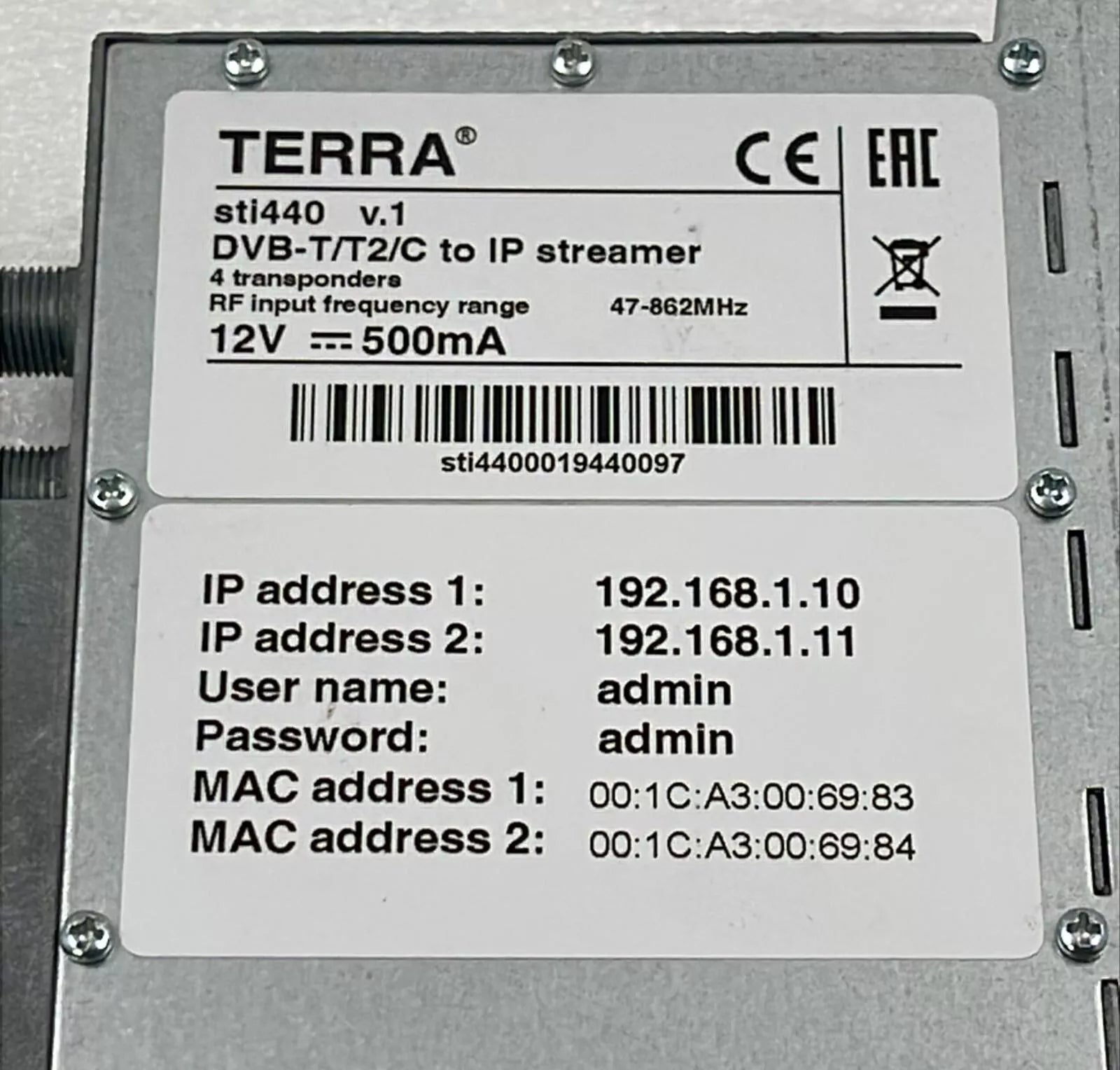 TERRA sti440 DVB-T/T2/C to IP Streamer 12V 500mA digital TV IP converter