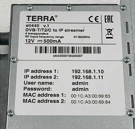 TERRA sti440 DVB-T/T2/C to IP Streamer 12V 500mA digital TV IP converter
