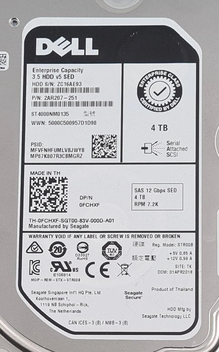 Dell 2AR207-251 4TB 7.2K SAS 3.5" 6Gb HDD SED Seagate ST4000NM0135 0FCHXF