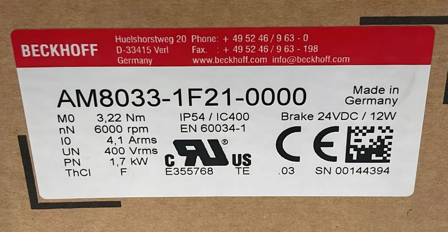 **NEW** BECKHOFF AM8033-1F21-0000 Servo Motor 6000rpm 1.7kW 24VDC