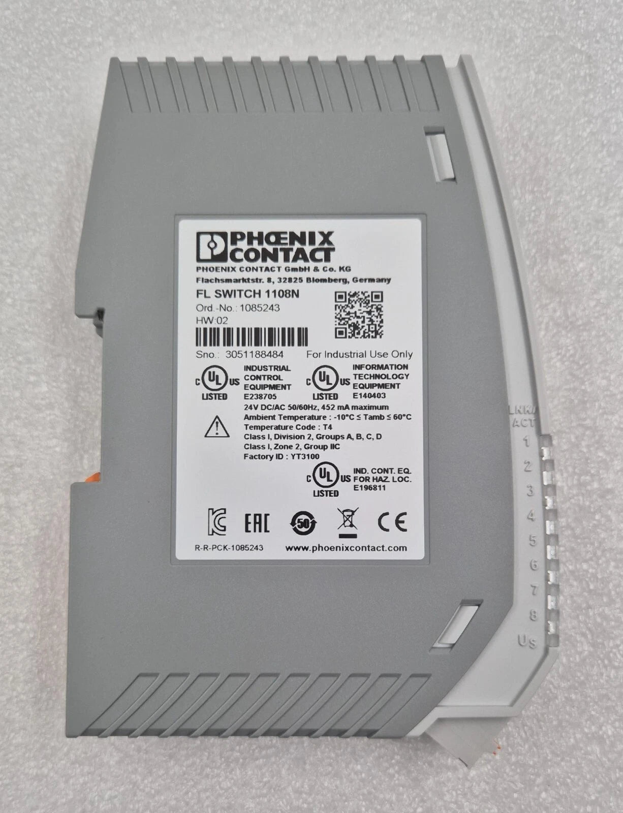 PHOENIX CONTACT FL SWITCH 1000 1108N Industrial Ethernet Switch 8-Port 1085243