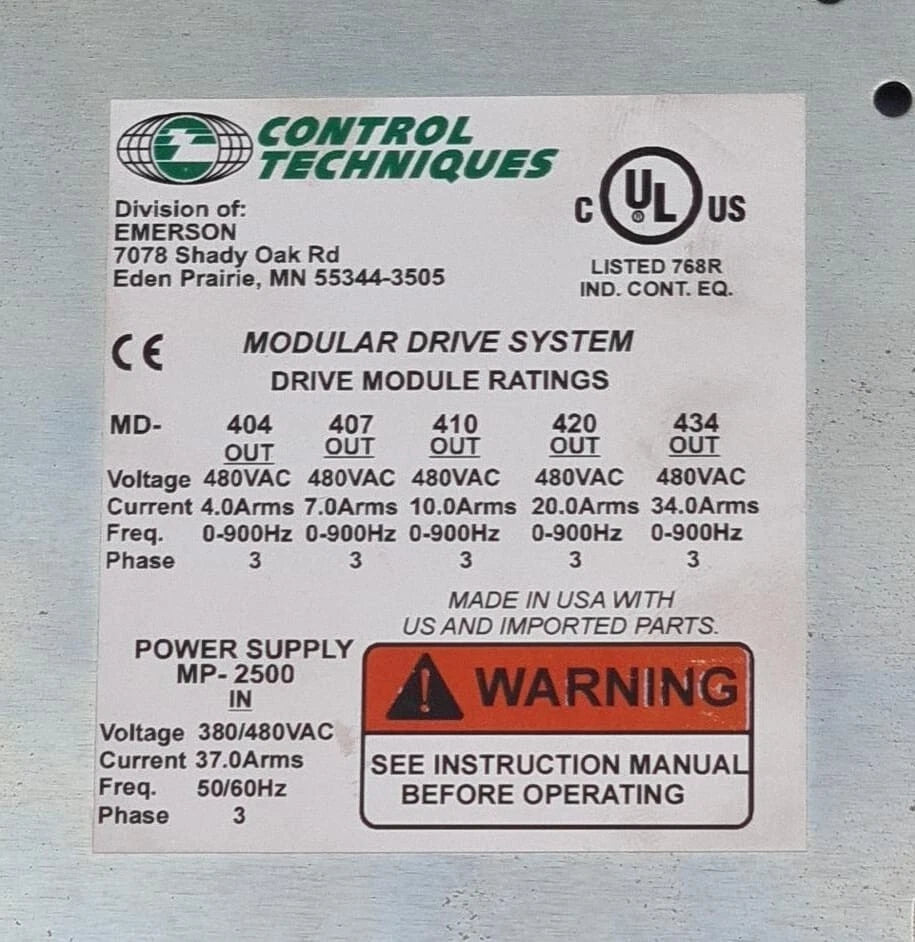 CONTROL TECHNIQUES MODULAR DRIVE SYSTEM MP-2500-00-000 Power Supply 3-Phase