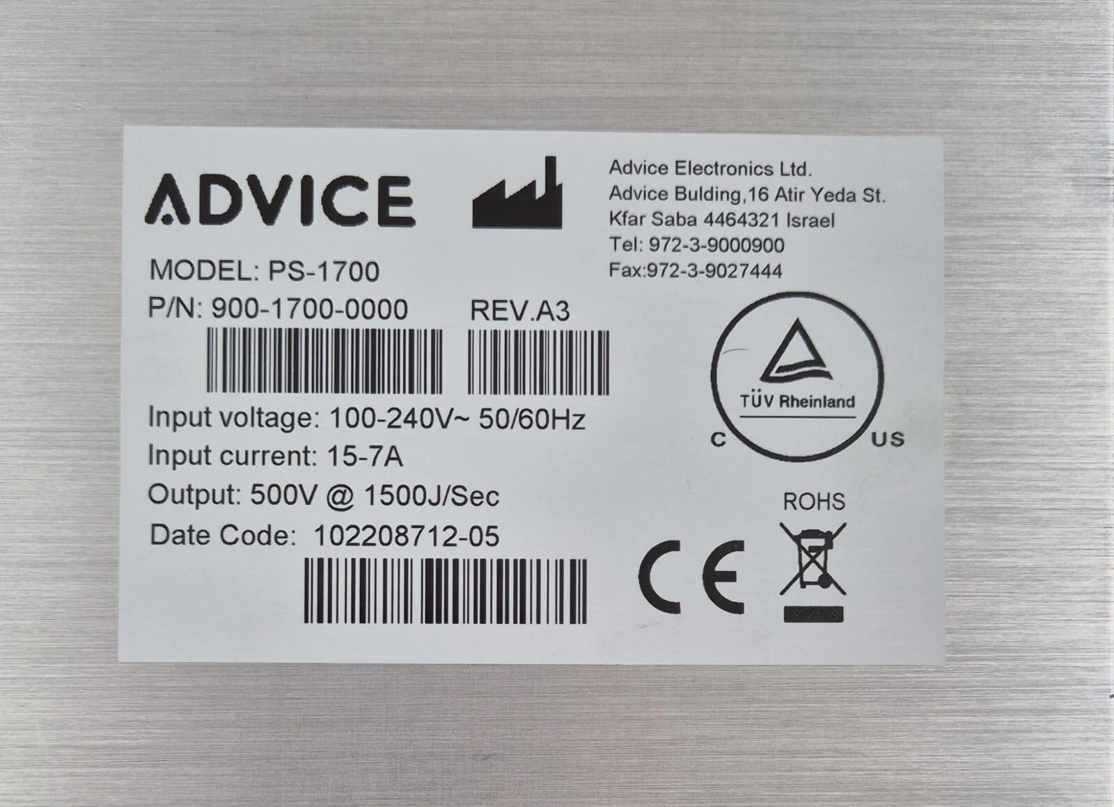 Advice PS-1700 900-1700-0000 Power Supply Module 100-240V 500V 1500J/Sec *AS-IS*
