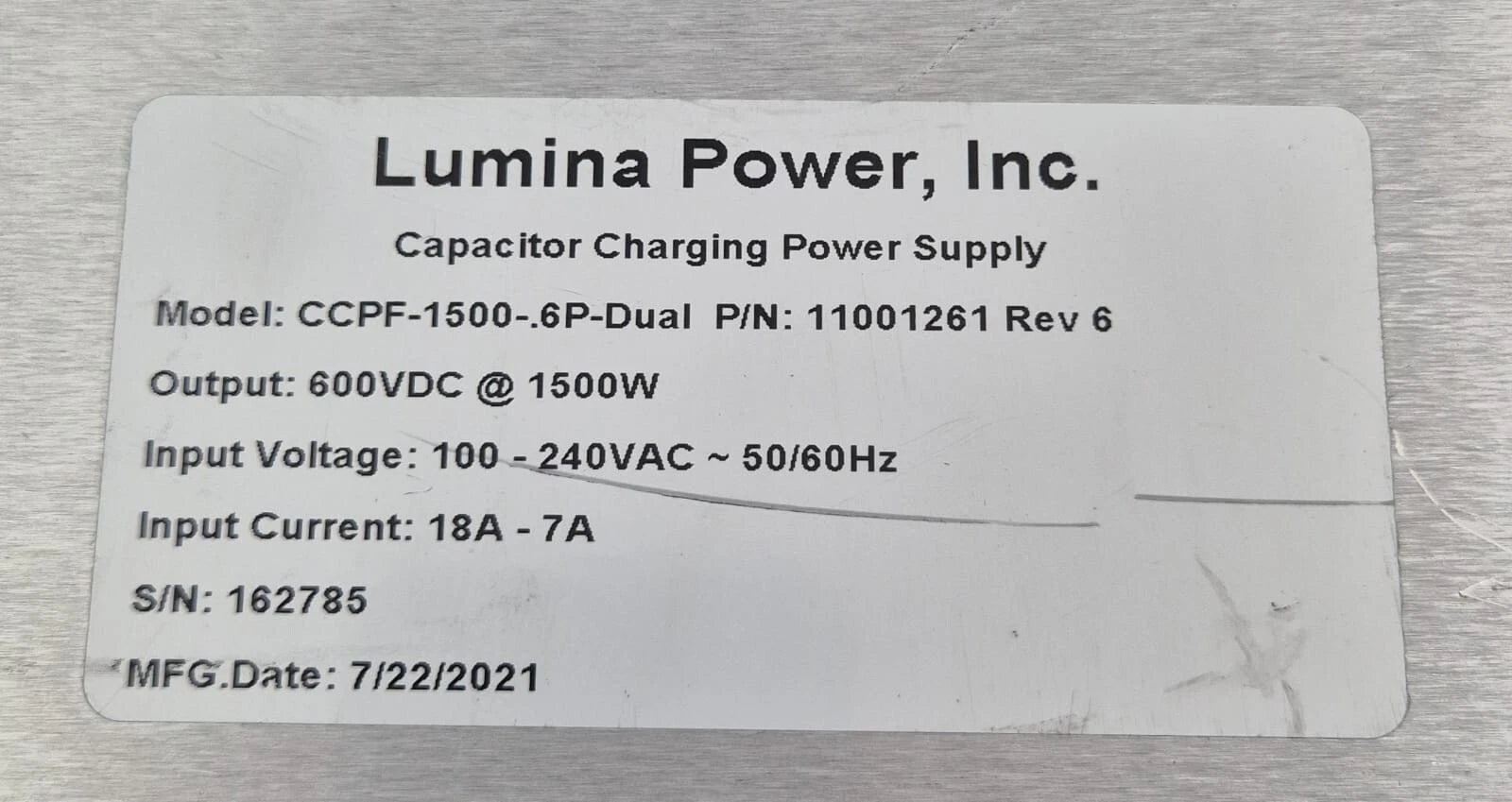 Lumina CCPF-1500-.6P-Dual 11001261 Capacitor Charging Power Supply 600V 1500W