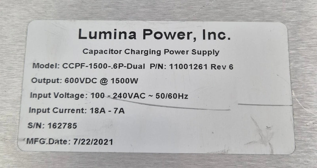Lumina CCPF-1500-.6P-Dual 11001261 Capacitor Charging Power Supply 600V 1500W