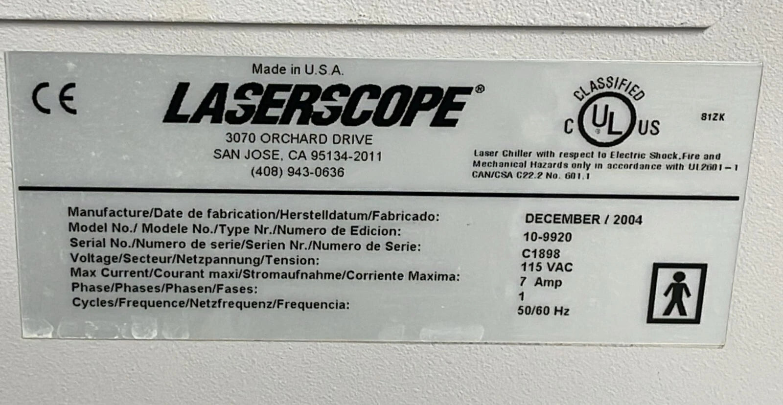 Laserscope Portable System 10-9220 External Laser Chiller 2004 for Aura i