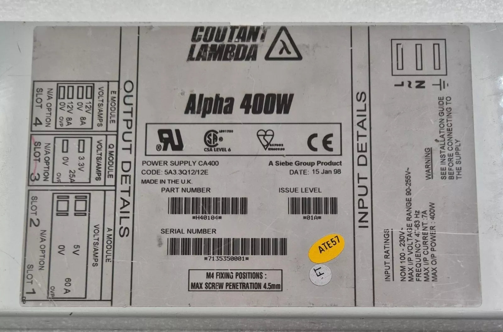 COUTANT LAMBDA Alpha 400W POWER SUPPLY CA400 H40104 01A