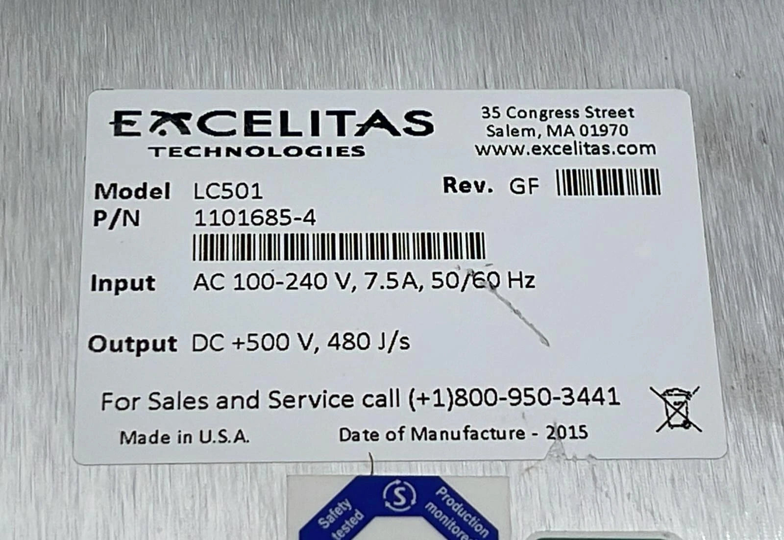Excelitas LC501 1101685-4 specification label close-up