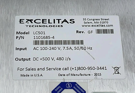 Excelitas LC501 1101685-4 specification label close-up