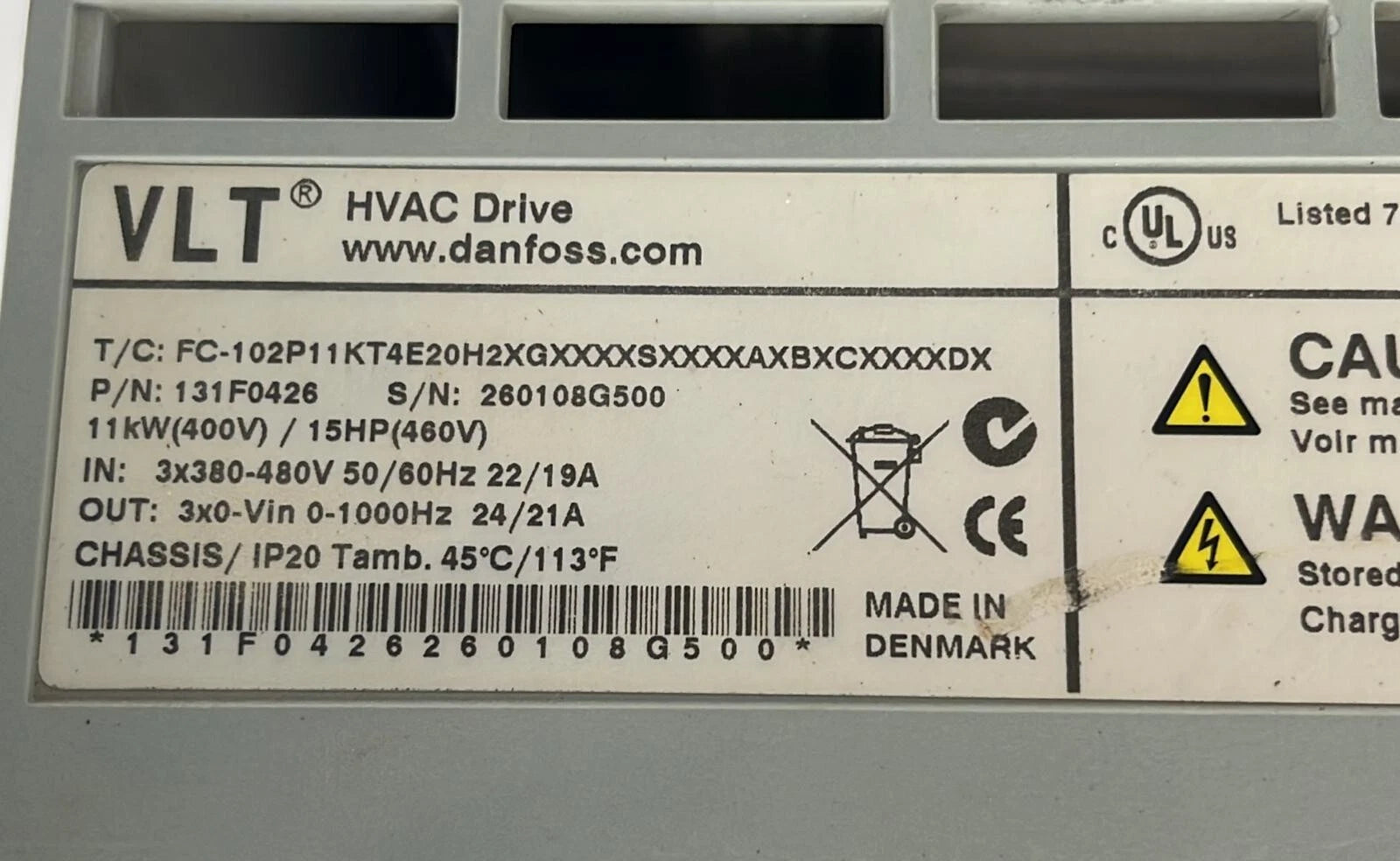 Danfoss VLT HVAC Drive FC-102P11KT4E20H2XGXXXXSXXXXAXBXCXXXXDX 131F0426 **AS IS