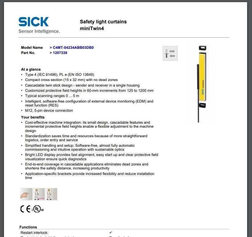 NEW - SICK miniTwin4 C4MT-04234ABB03DB0 1207339 Safety Light Curtains Sensor