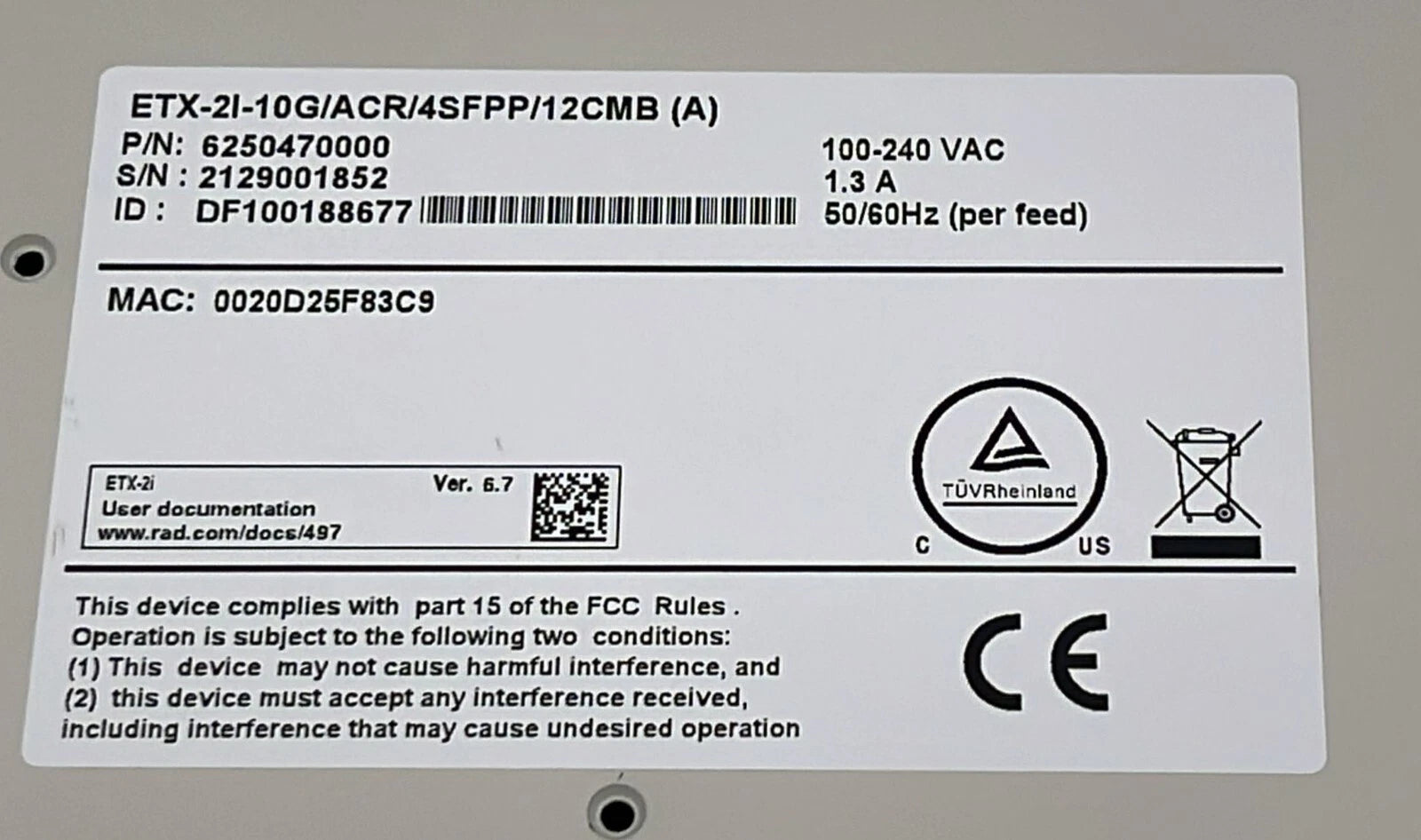 RAD ETX-2i-10G 16-Ports Carrier Ethernet Demarcation Module 6250470000