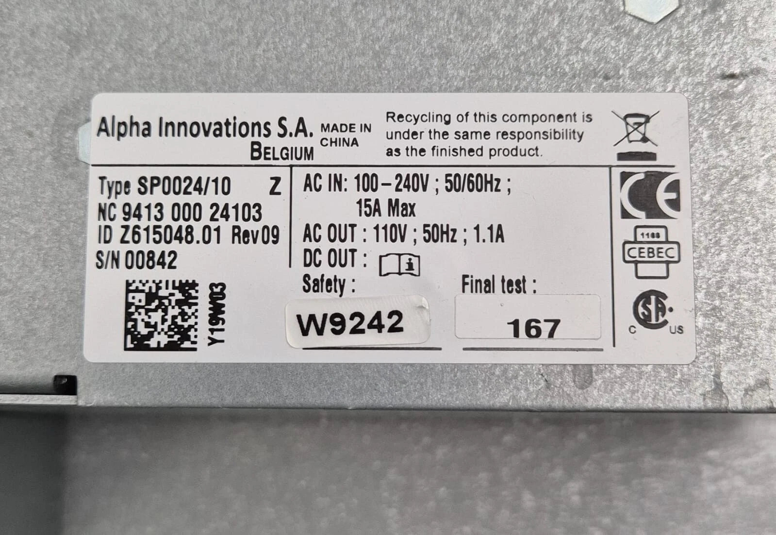 Alpha SP0024/10 9413 000 24103 Power Supply GA200730 for GE Vivid E9 Ultrasound