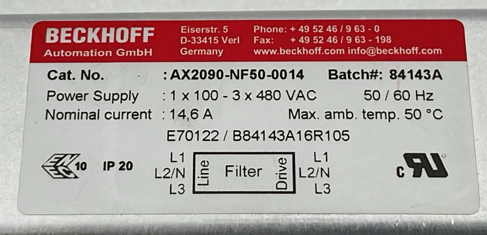 BECKHOFF POWER MAINS LINE FILTER AX2090-NF50-0014