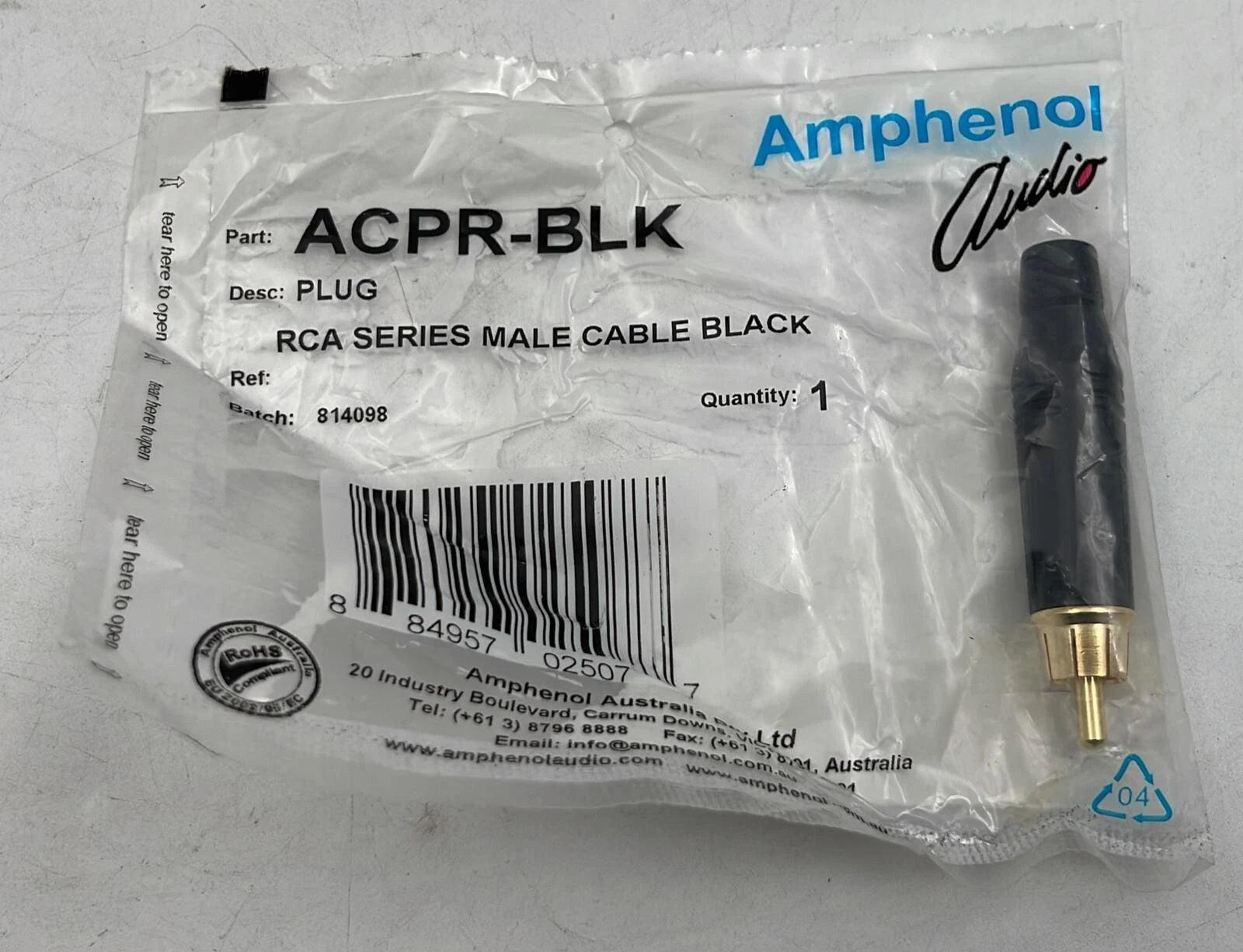 Amphenol ACPR-BLK diecast RCA male connector single unit detail view