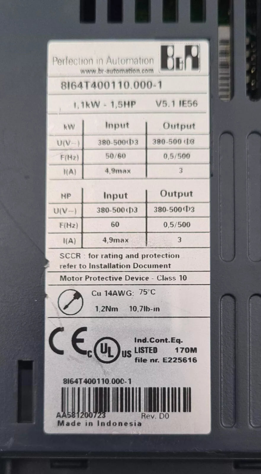B&R Automation ACOPOS inverter X64 8I64T400110.000-1 1.1kW 1.5HP V5.1 **AS-IS**