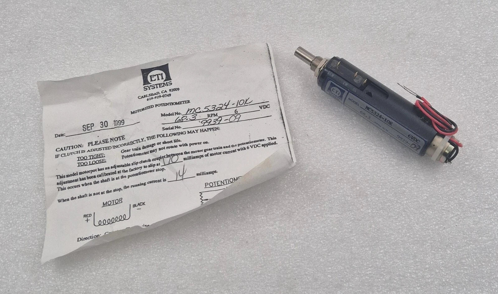 ETI Systems MC5324-10K 6VDC Motorized Potentiometer 68.3 RPM  Motor