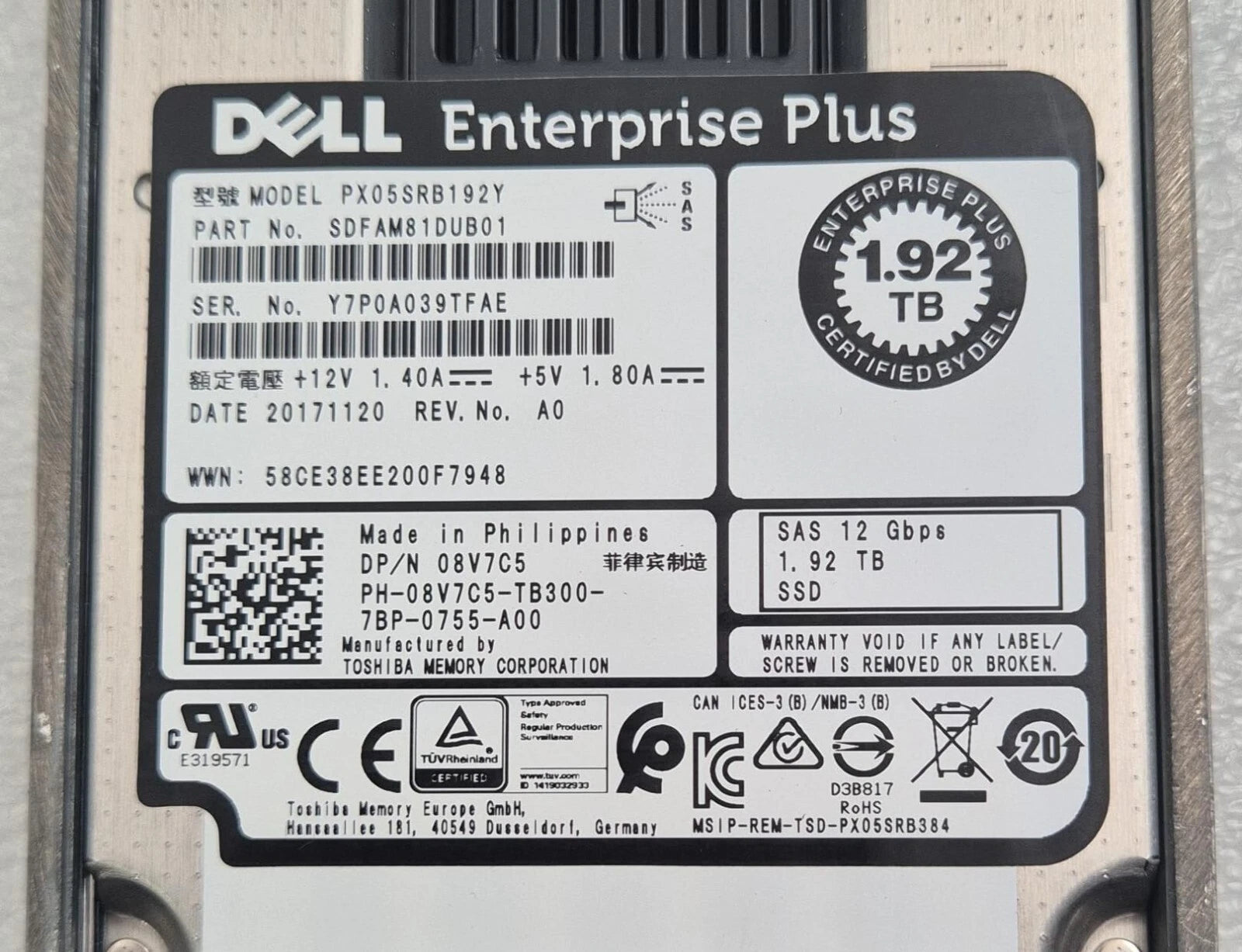 Dell 1.92TB SSD SAS 12Gb/s 2.5'' PX05SRB192Y SDFAM81DUB01 08V7C5 W/ Compellent