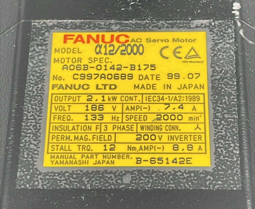 FANUC AC Servo Motor A12/2000 A06B-0142-B175 2.1kW 2000RPM 186V 3-Phase