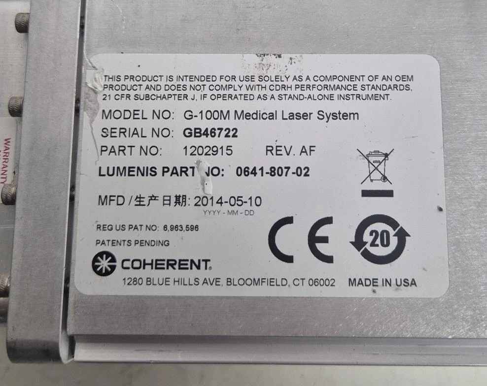 COHERENT G-100M Medical Laser System 1202915 for LUMENIS 0641-807-02 **AS-IS**