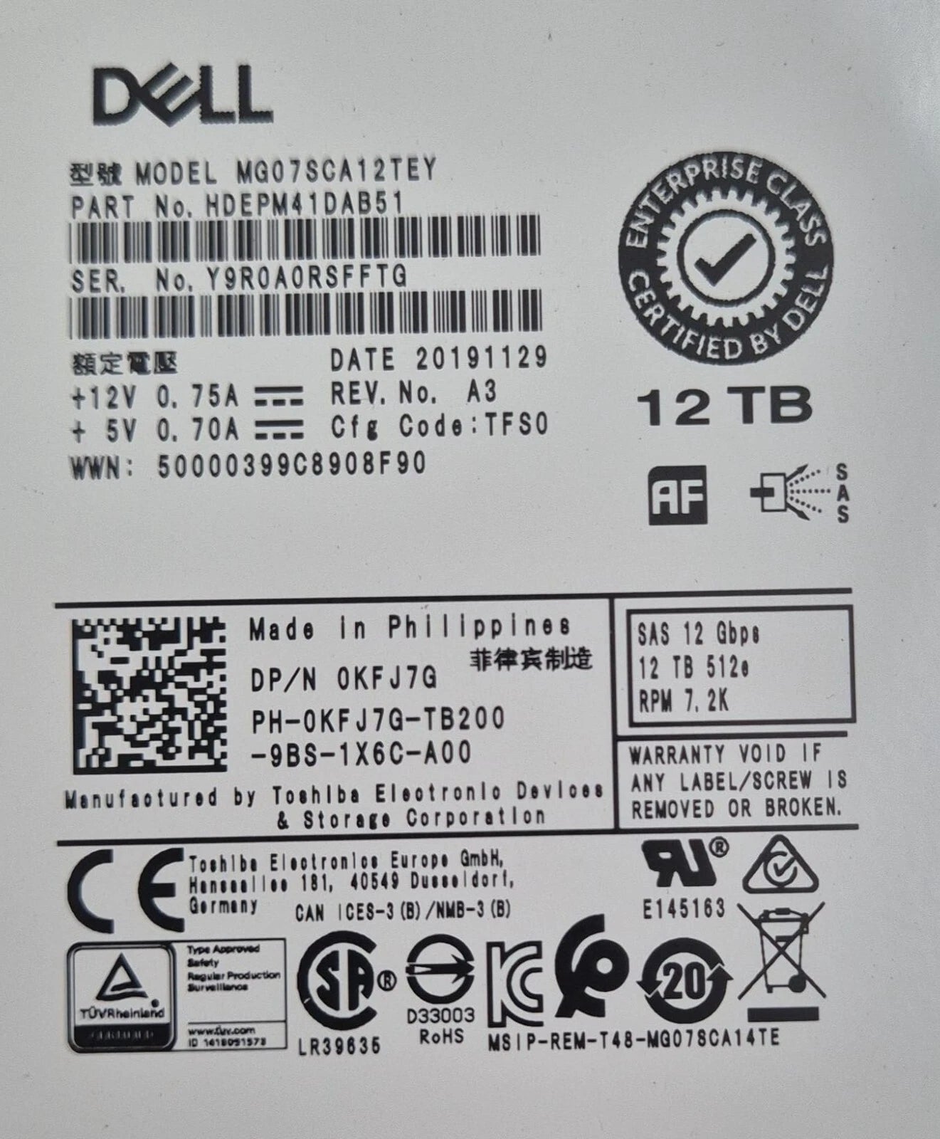 Dell 12TB SAS 12Gbps 3.5" 512e 7.2K HDD 0KFJ7G MG07SCA12TEY HDEPM41DAB51 W Caddy