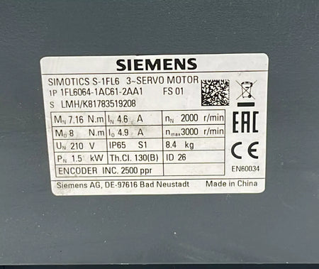 Siemens S-1FL6 servo motor nameplate 1FL6064-1AC61-2AA1 close-up