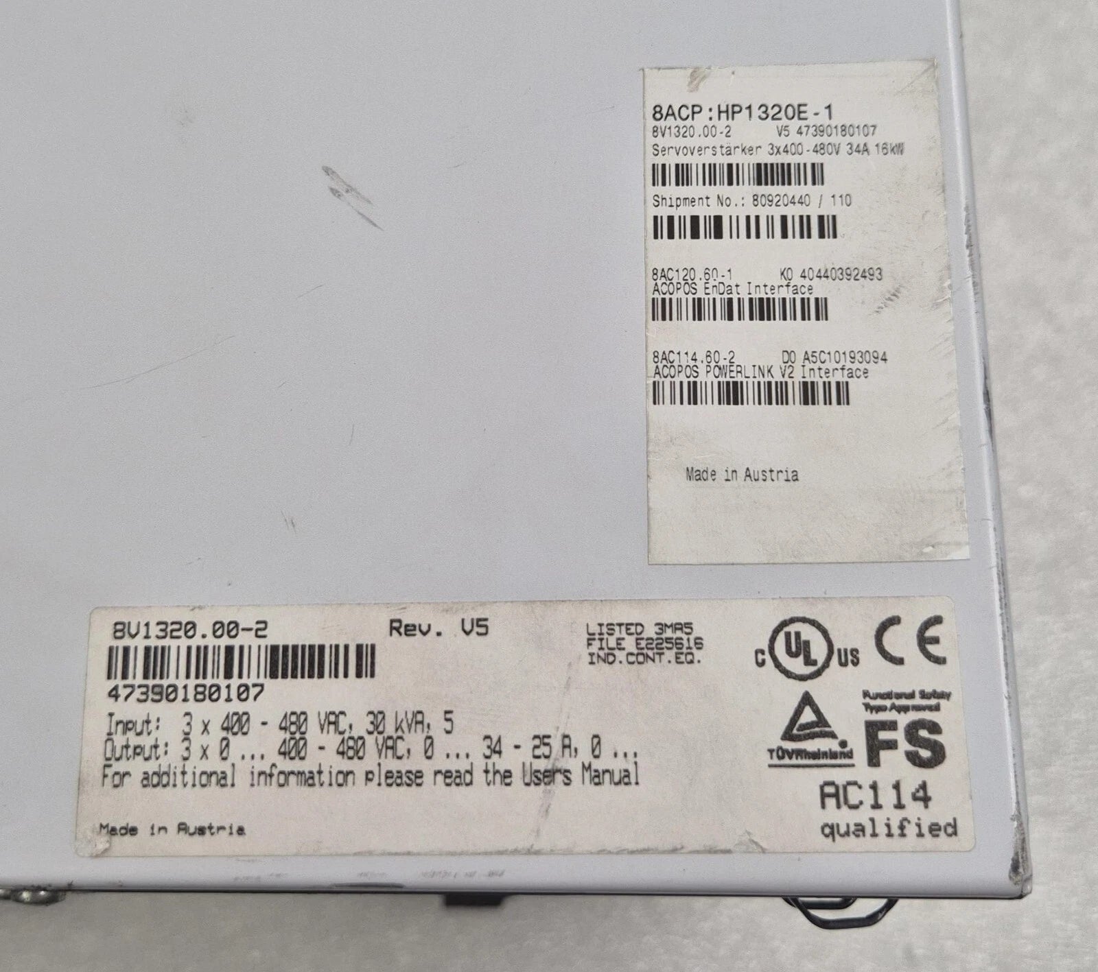 B&R Automation ACOPOS 1320 8V1320.00-2 Servo Drive 480V 34A W/ AC114 & AC122