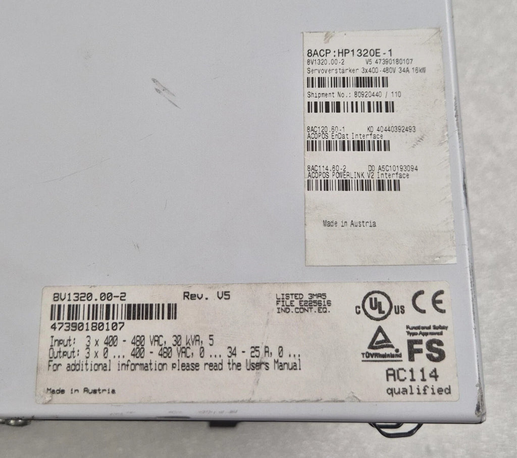 B&R Automation ACOPOS 1320 8V1320.00-2 Servo Drive 480V 34A W/ AC114 & AC122