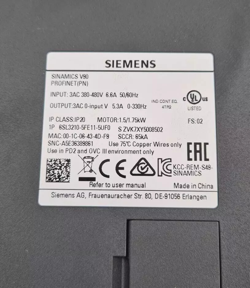 SIEMENS SINAMICS V90 PROFINET 6SL3210-5FE11-5UF0 PLC Drive 380-480V 1.5/1.75kW