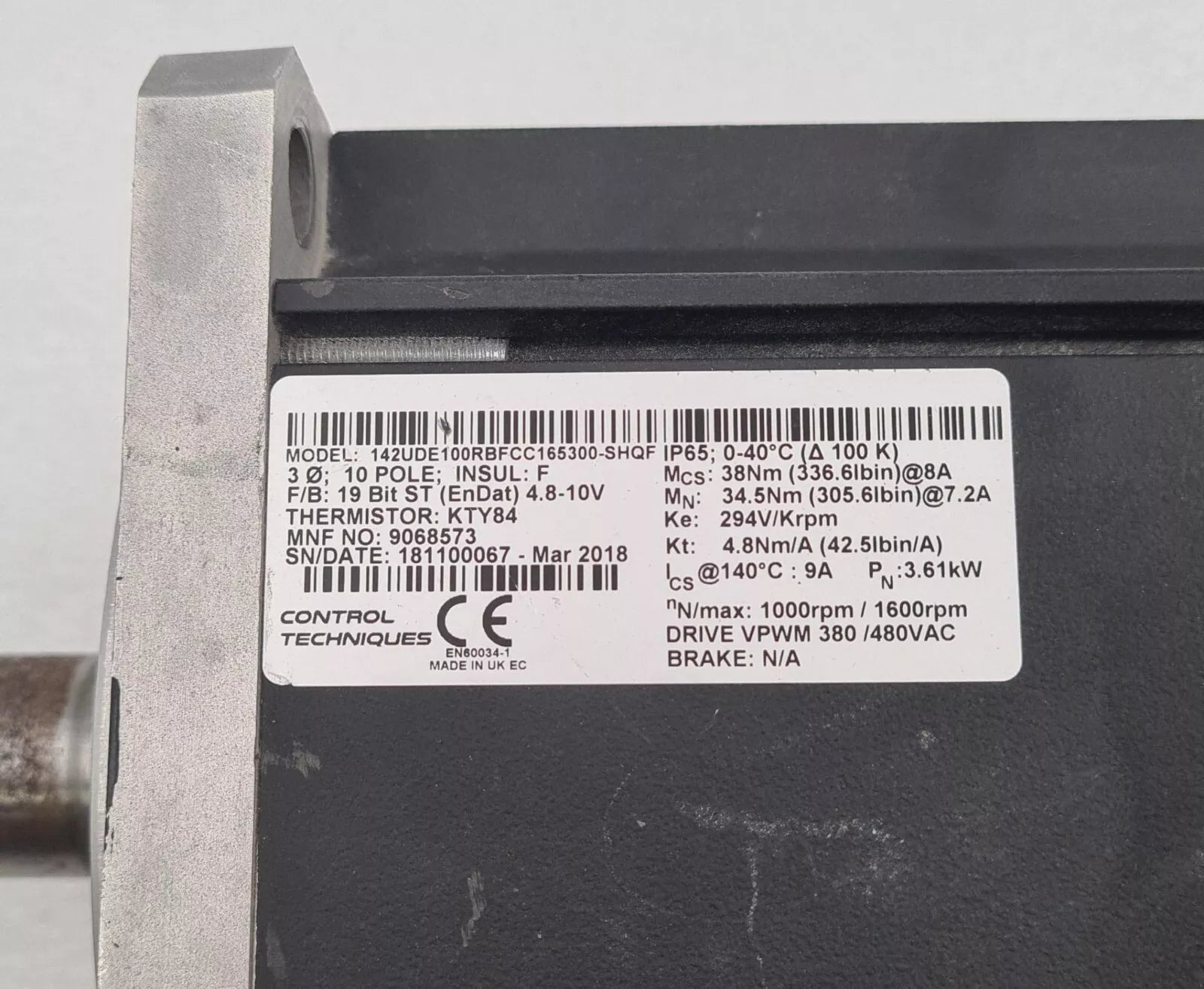 Control Techniques Unimotor 142UDE100RBFCC165300-SHQF Servo Motor 10-Pole 3.61kW