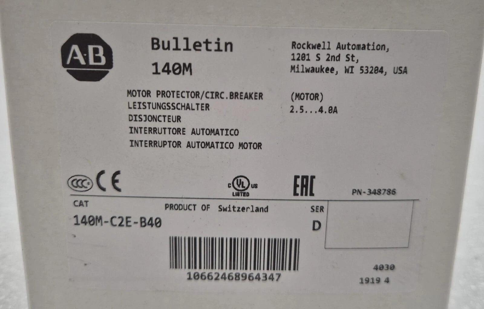 Allen Bradley 140M-C2E-B40 Motor Protector Circuit Breaker Overload 2.5-4.0 AMP