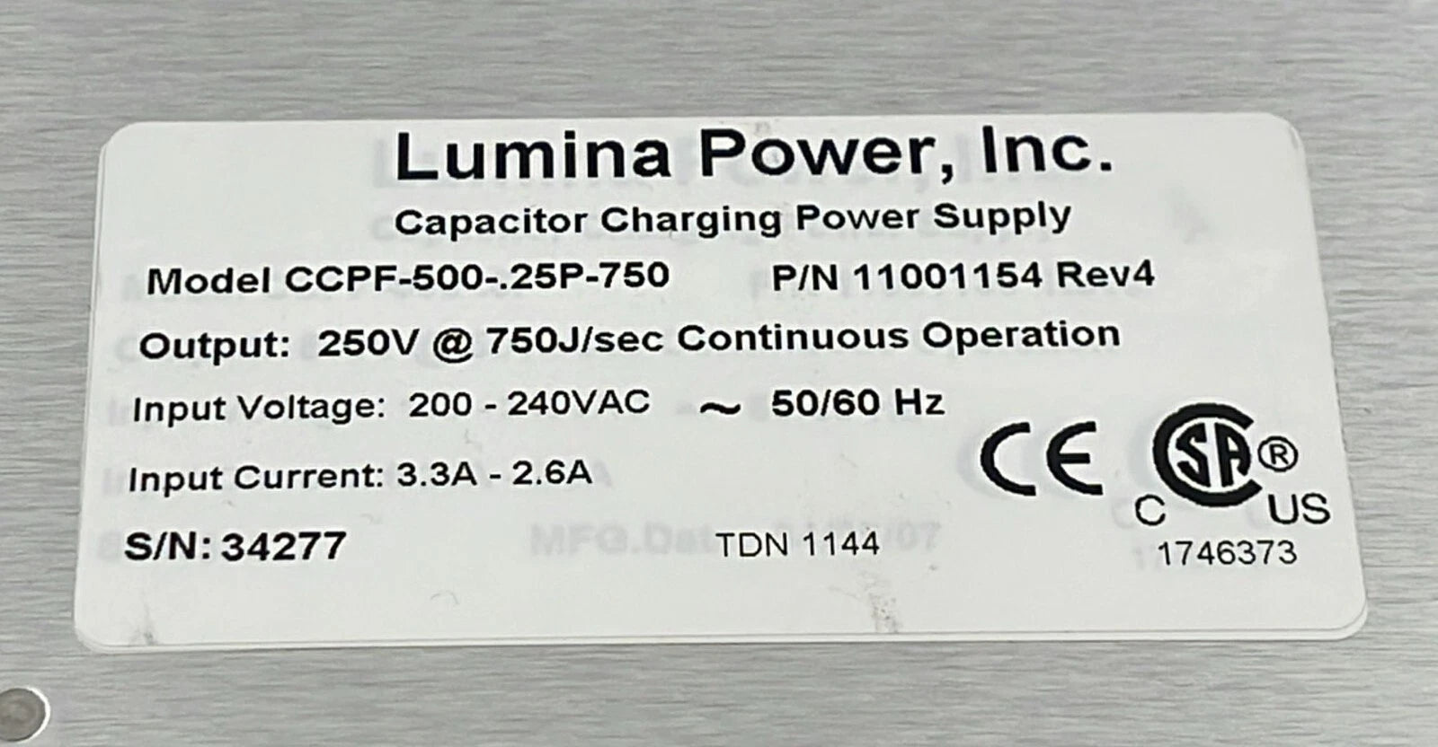 Lumina CCPF-500-.25P-750 11001154 Capacitor Charging Power Supply 250V 750J