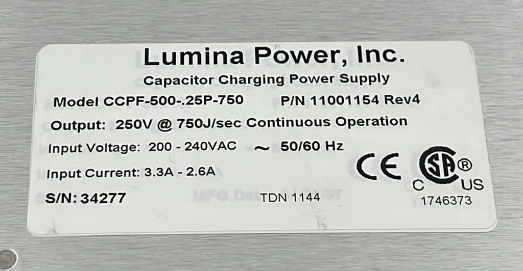 Lumina CCPF-500-.25P-750 11001154 Capacitor Charging Power Supply 250V 750J