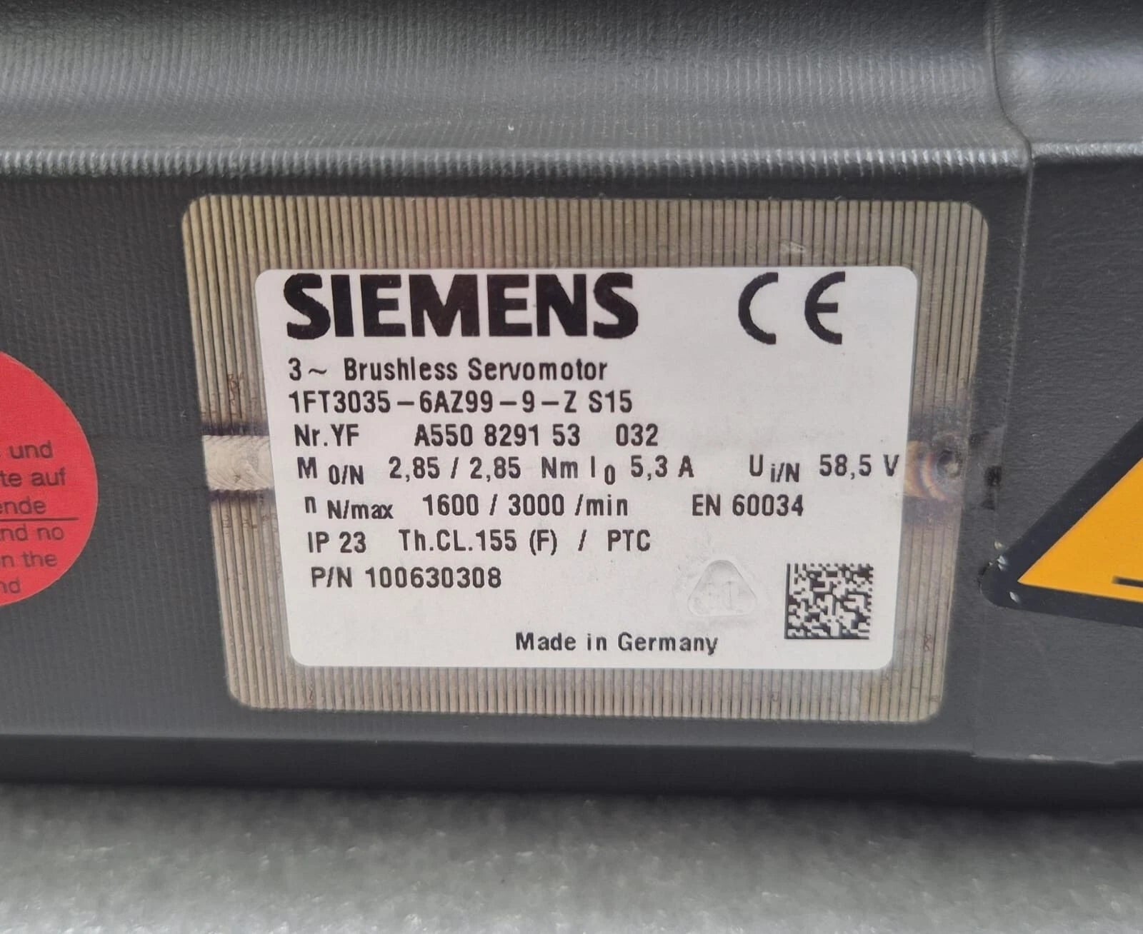 SIEMENS 1FT3035-6AZ99-9-Z S15 100630308 Brushless Servomotor 3AC