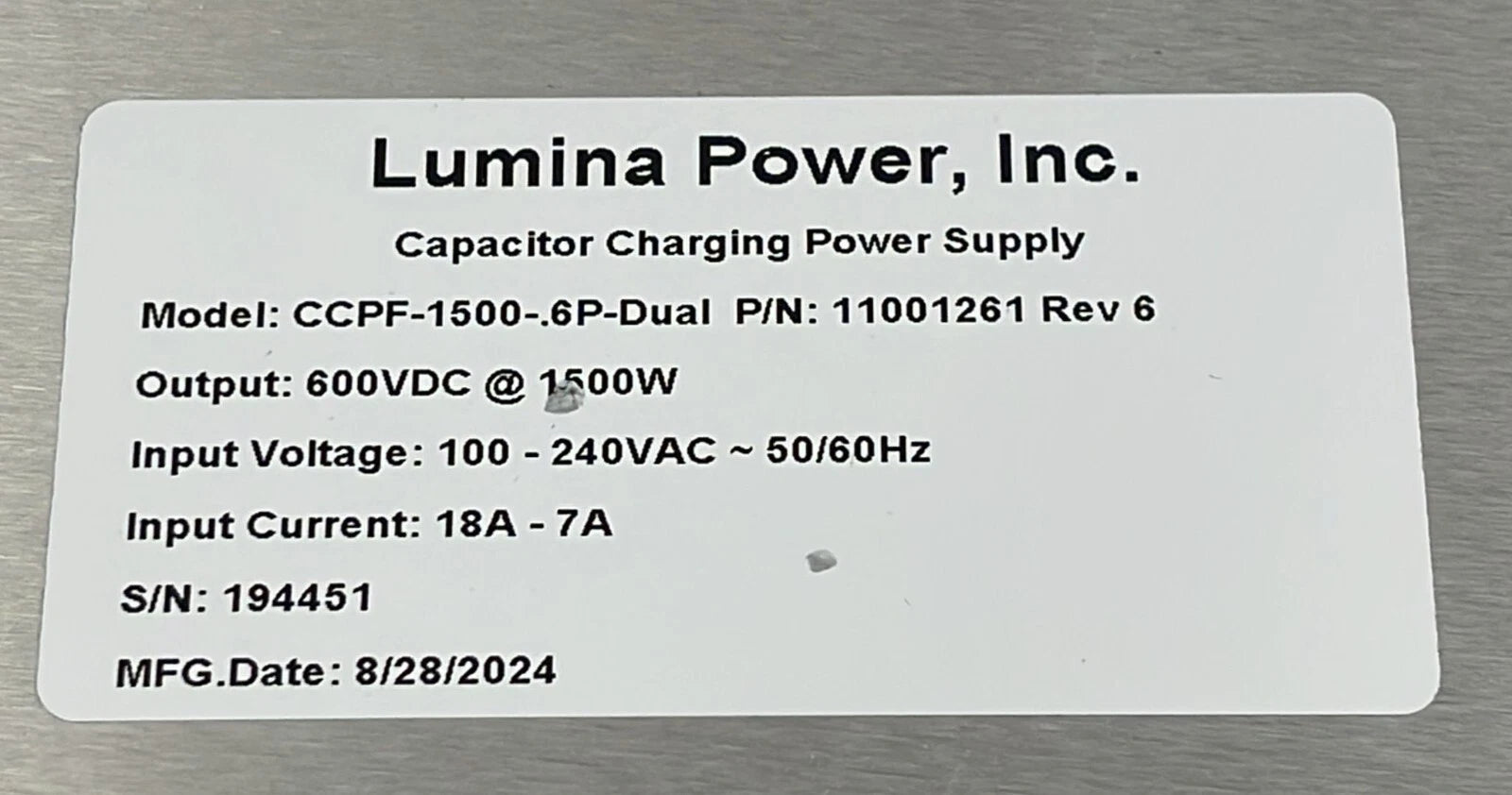Lumina CCPF-1500-.6P-Dual 11001261 Capacitor Charging Power Supply **AS IS**