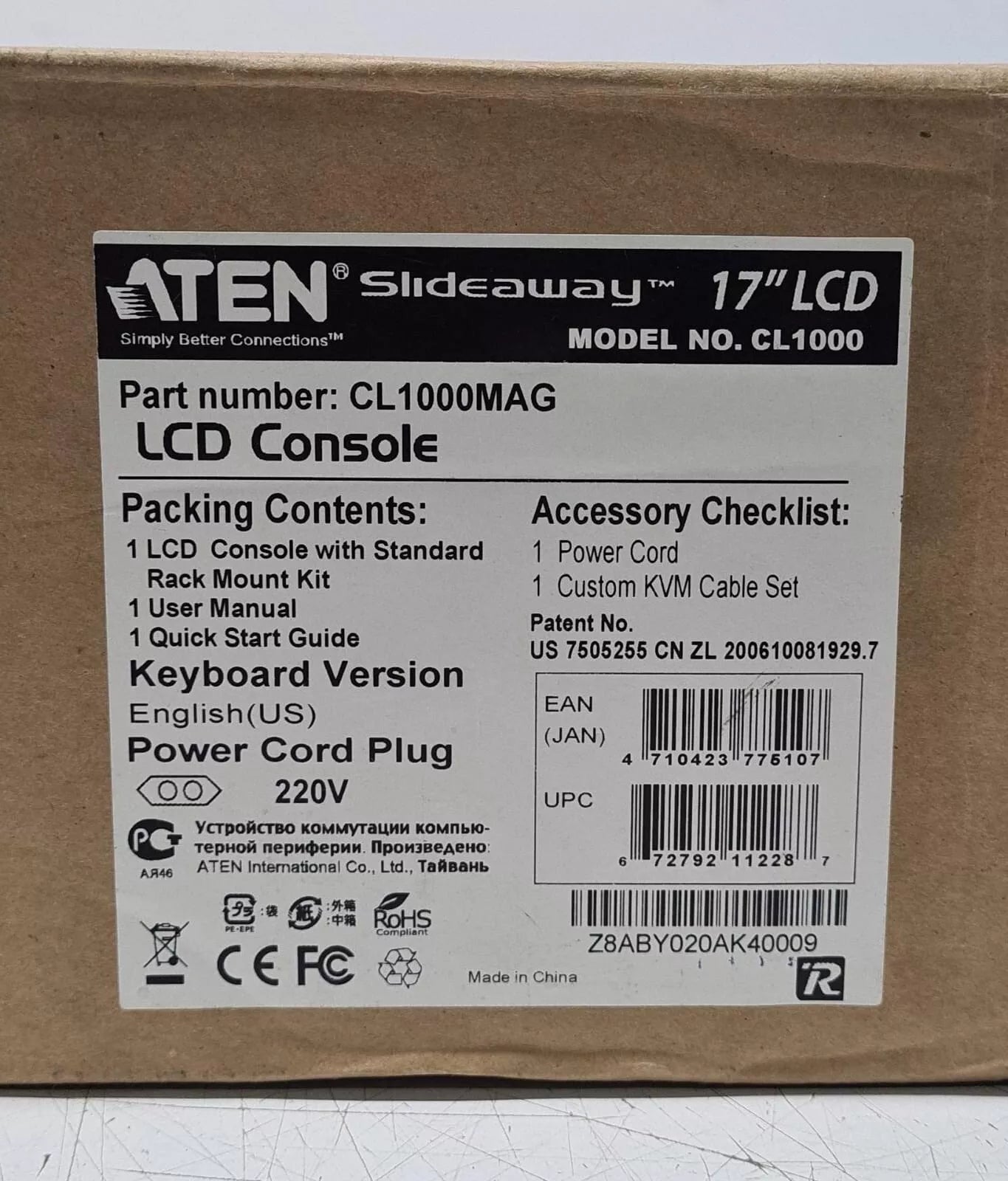 ATEN Slideaway 17" LCD CL1000 CL1000MAG Console W/ Rack Mount *NEW KIT