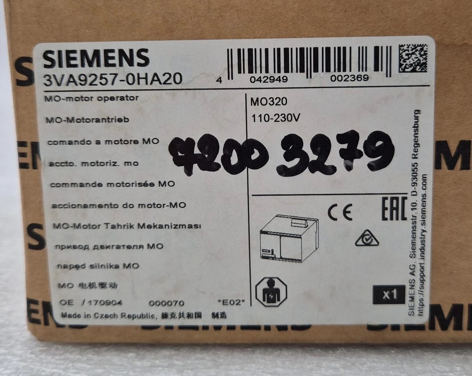**NEW** SIEMENS 3VA9257-0HA20 MO-motor operator MO320 110-230V