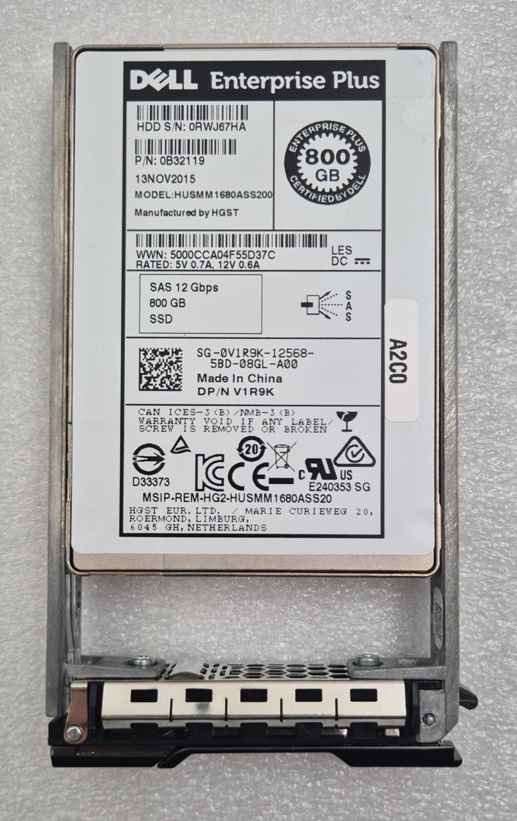 Dell 800GB SSD SAS 12Gbps HGST HUSMM1680ASS200 front label view