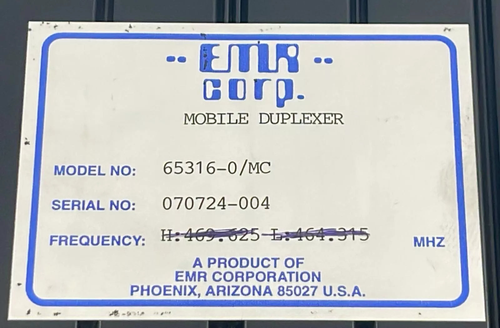 EMR corp 65316-0/MC Mobile Duplexer UHF
